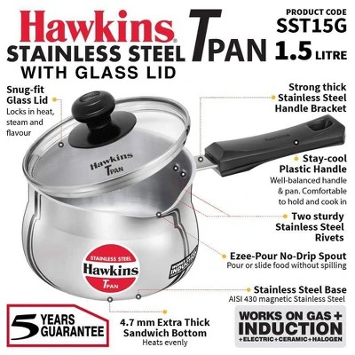 Hawkins 1.5L Stainless Steel Sauce Pan With Glass Lid: Induction & Gas Compatible, Hand Wash, 1 Year Warranty 3 Hawkins 1.5L Stainless Steel Sauce Pan With Glass Lid: Induction & Gas Compatible, Hand Wash, 1 Year Warranty