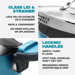 Gotham Steel Aqua Blue 5 QT Multi Purpose Pasta Pot With Twist And Lock Handles -Cookware Store GUEST bb5ec942 f971 4cc2 a968 fe959077b250