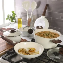 Oster® Oster SmartHandle Advance 18-Piece Ceramic Nonstick Cookware Set – Detachable Handles, With Utensils & Pan Protectors - Linen