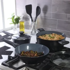 Oster® Oster SmartHandle Advance 13-Piece Grey Ceramic Nonstick Cookware Set, Detachable Handles With Utensils & Pan Protectors- Black