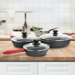 MegaChef Pre-Seasoned 9 Piece Cast Iron Skillet Set With Lids And Red Silicone Holder 16 MegaChef Pre-Seasoned 9 Piece Cast Iron Skillet Set With Lids And Red Silicone Holder -Cookware Store GUEST cda71e37 0247 4a5d abc6 3cc2b58ea892