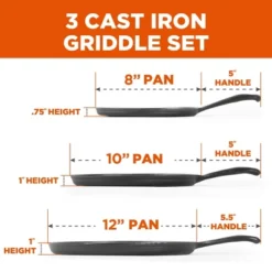 COMMERCIAL CHEF Pre-Seasoned Cast Iron 3-Piece Griddle Set, Black
