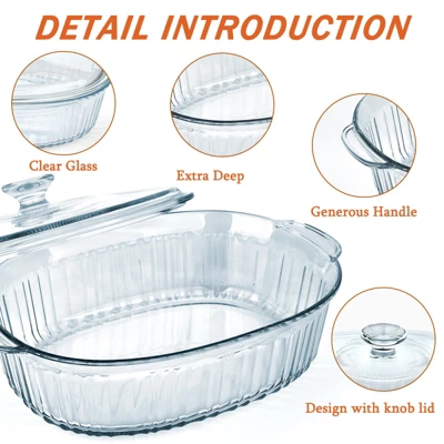 Itopfox 2.8L Glass Casserole Baking Dish With Lid, Large Oval Dish For Oven, Freezer & Microwave, Clear Container 4 Itopfox 2.8L Glass Casserole Baking Dish With Lid, Large Oval Dish For Oven, Freezer & Microwave, Clear Container - Image 2
