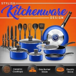 SereneLife 20 Piece Kitchenware Pots & Pans Set – Basic Kitchen Cookware, Black Non-Stick Coating Inside, Heat Resistant Lacquer (Blue) -Cookware Store GUEST d31bafdf a210 465d 8f24 629ff2a4d367