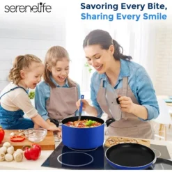 SereneLife Kitchenware Pots & Pans Set – Basic Kitchen Cookware, Black Non-Stick Coating Inside, Heat Resistant Lacquer (11-Piece Set)