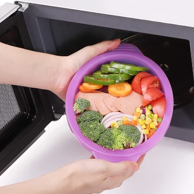 Itopfox Microwave Steamer Cooker Collapsible Bowl With Handle & Lid For Vegetables, Fish, Meal Prep - BPA Free, Dishwasher Safe, Easy Storage, Purple 4 Itopfox Microwave Steamer Cooker Collapsible Bowl With Handle & Lid For Vegetables, Fish, Meal Prep - BPA Free, Dishwasher Safe, Easy Storage, Purple - Image 2