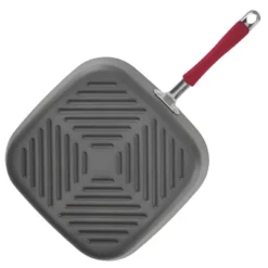 Rachael Ray 11" Hard-Anodized Nonstick Deep Square Grill Pan - Gray With Cranberry Red Handle: Griddle Pan, Rust-Resistant -Cookware Store GUEST ea40874a 58e1 455f bde0 5caa6d00df8d