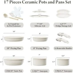 BRINJOY 17-Piece Ceramic Cookware Set - Detachable Handle Non-Toxic Induction RV Kitchen Set, Cream White