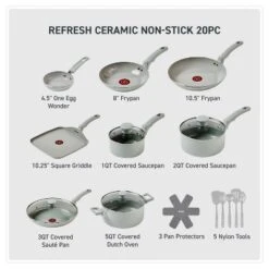 T-fal 20pc Ceramic Nonstick Cookware Set, Refresh Ceramic, Moon Grey