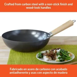 IMUSA 11" Carbon Steel Wok With Wooden Handle Black: Nonstick Cookware, Electric & Gas Compatible, Hand Wash