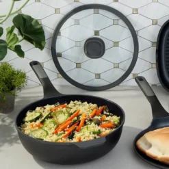 BergHOFF Leo Stone+ 4Pc Nonstick Ceramic Cookware Set With Glass Lid, Recycled Cast Aluminum -Cookware Store GUEST f99875c2 46cd 490a a0f9 5ab640245fee