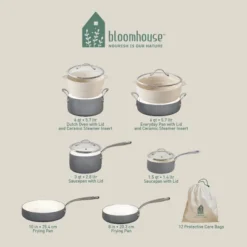 Bloomhouse 12 Piece Aluminum Enamel Cookware Set W/ Non-stick Non-toxic Ceramic Interior And Ceramic Steamer Insert - Stone Grey